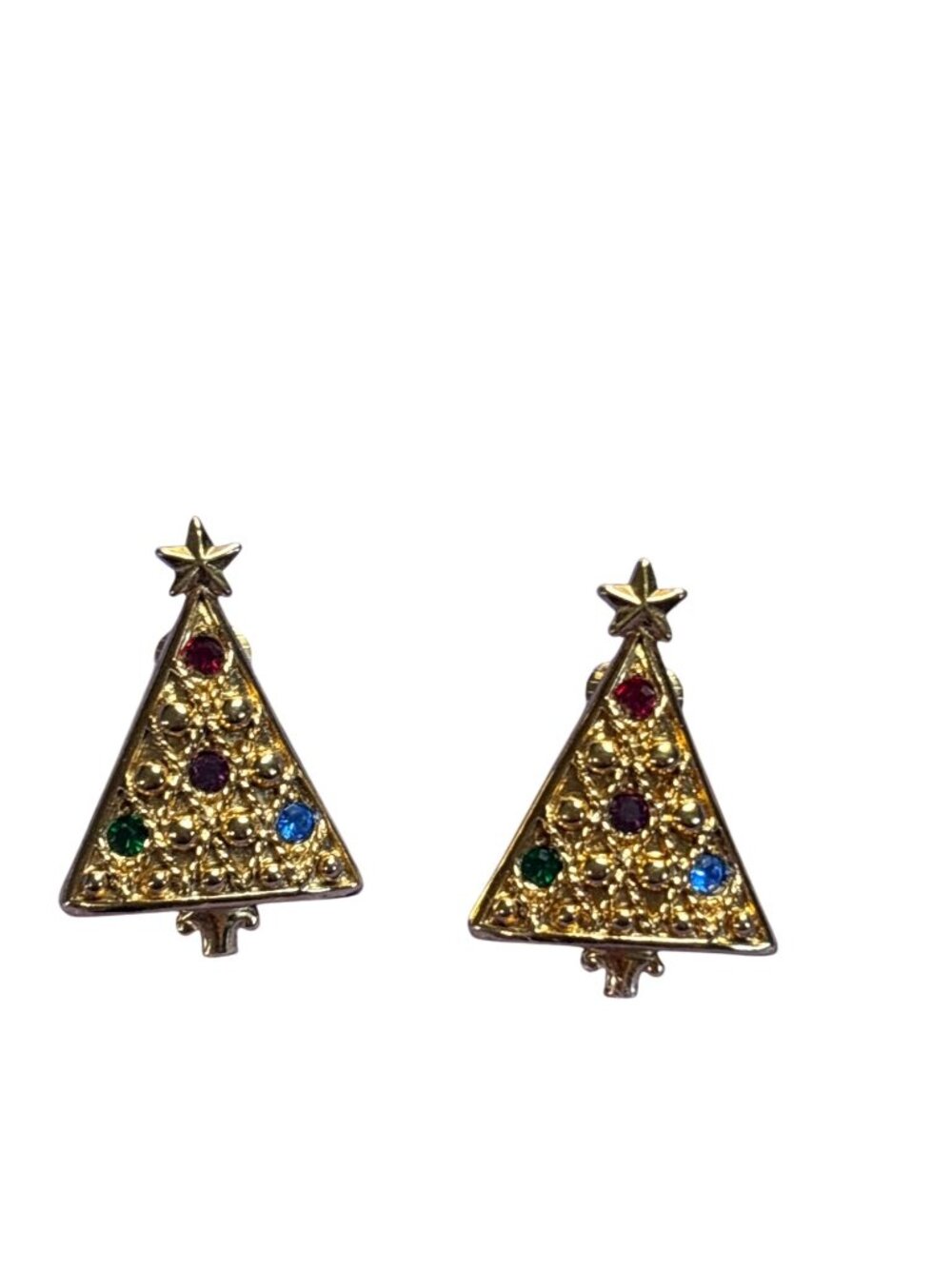 Vtg Goldtone Multicolor Rhinestone Christmas Tree Clip On Earrings 1.25 inches